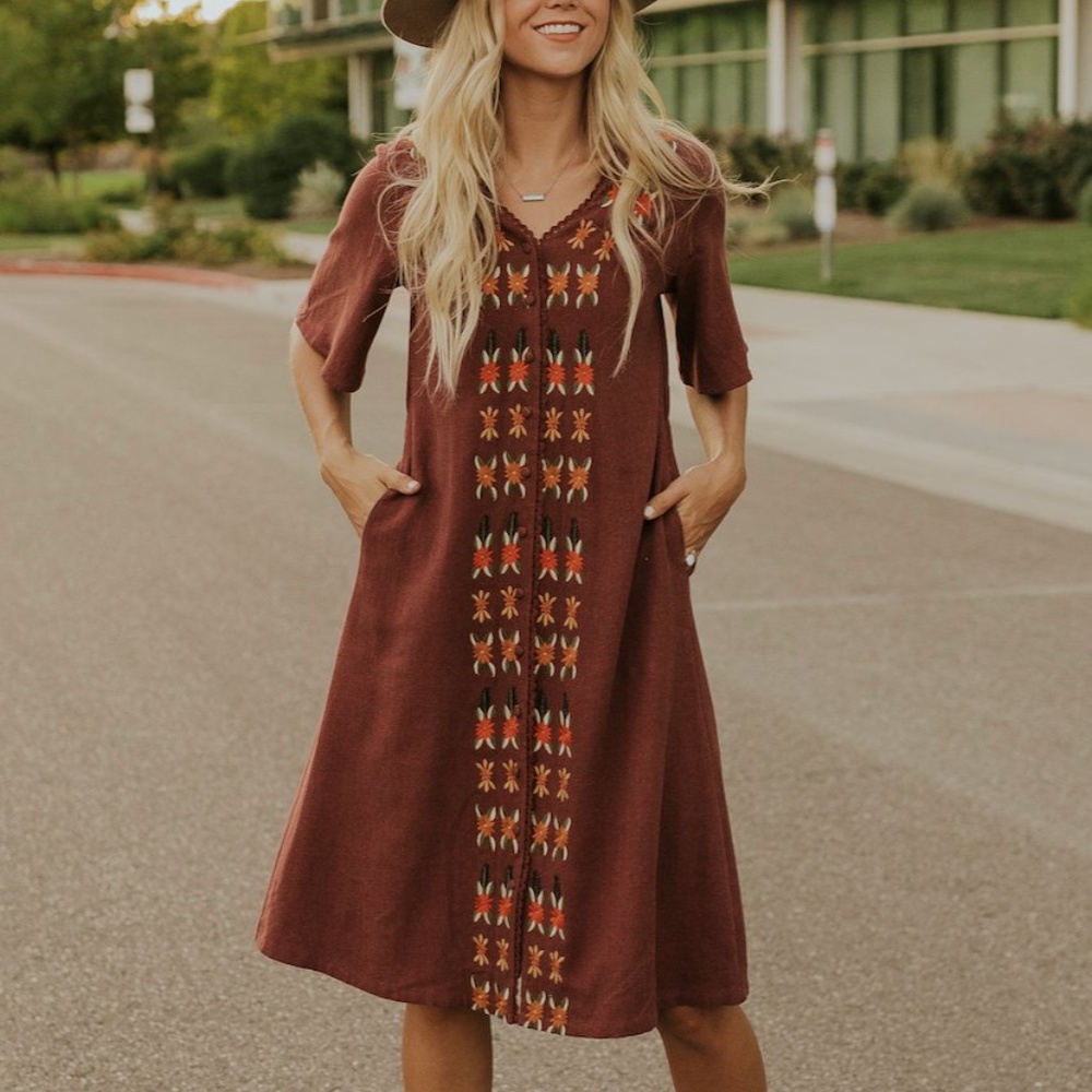 Roolee Honey and Pine Embroidered floral Dress NWT